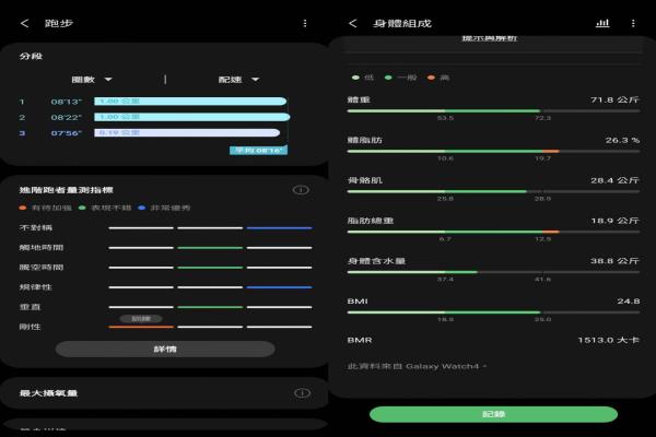 左為慢跑運(yùn)動(dòng)的數(shù)據(jù)，會(huì)列出可以加強(qiáng)的肌肉部分，右則是身體組成分析功能。