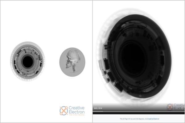 圖左為國(guó)外知名專業(yè)拆解團(tuán)隊(duì)iFixit，在進(jìn)行AirTag拆解之前，捕捉實(shí)機(jī)透視的影像。圖右為拆解后的機(jī)身內(nèi)部構(gòu)造。