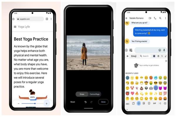 圖左為Chrome瀏覽器新版支援雙指縮放比例提升至300％。圖中為照片去除雜物的“魔術(shù)橡皮擦”已于日前發(fā)布。圖右為Gboard鍵盤App內(nèi)建“EmojiKitchen”混搭2種表情符號功能，新版可讓用戶任意混搭更多具“個人化”風格的混搭圖案。