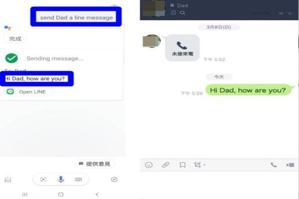 透過(guò)谷歌助理聲控傳送LINE信息給好友，目前初期階段僅支援一對(duì)一的文字對(duì)話，并僅限于日文和英文；暫不支援中文。